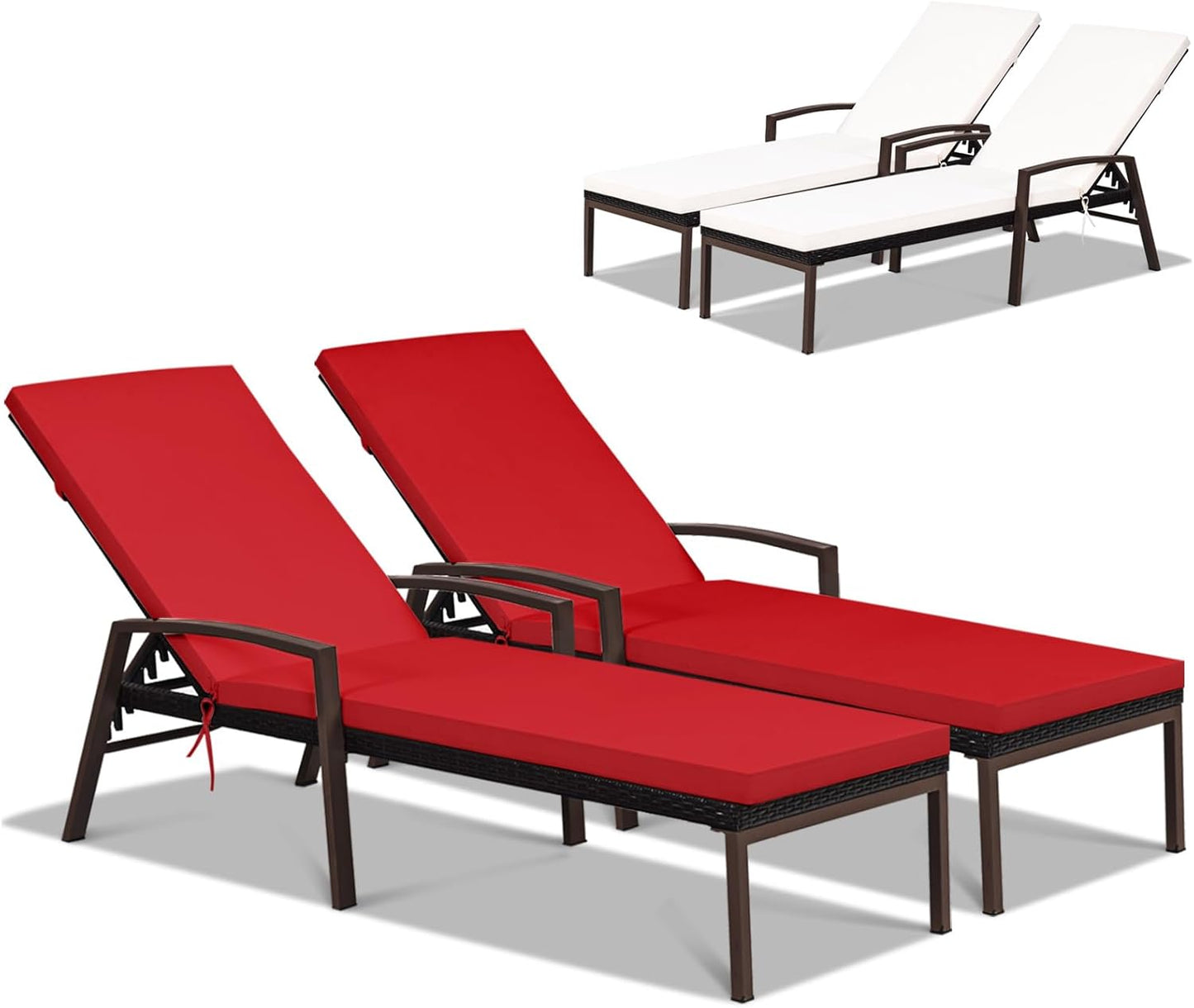 Tangkula 2 PCS Patio Rattan Chaise Lounge Chair, Outdoor Reclining Chaise with Cushion and Armrest, Wicker Sun Lounger with Adjustable Backrest for Garden, Balcony, Poolside