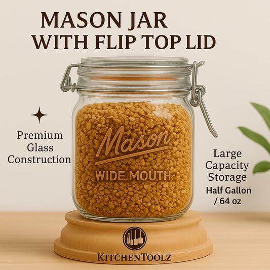 kitchentoolz Large Glass Mason Jars with Airtight Lids - Half Gallon Food Storage & Canning Jars with Measurement Markings - Kitchen Pantry Containers for Flour, Sugar & Dry Goods - 64 oz (4pk)