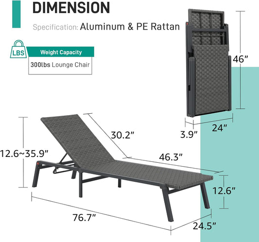 Patiorama Patio Chaise Lounge Set of 2, Aluminum Outdoor Folding Lounge Chair, All-Weather PE Rattan Wicker Adjustable Reclining Lounge Chair for Outside,Portable Sun Lounger for Beach Lawn Pool-Grey