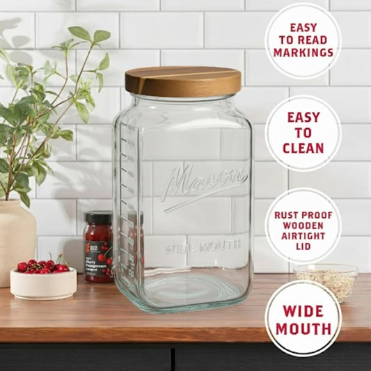 kitchentoolz 2 Gallon Glass Mason Jar with Airtight Wooden Lid – Wide Mouth Square Storage Container with Measurement Marks – Ideal for Pantry Organization, Dry Goods & Food Prep