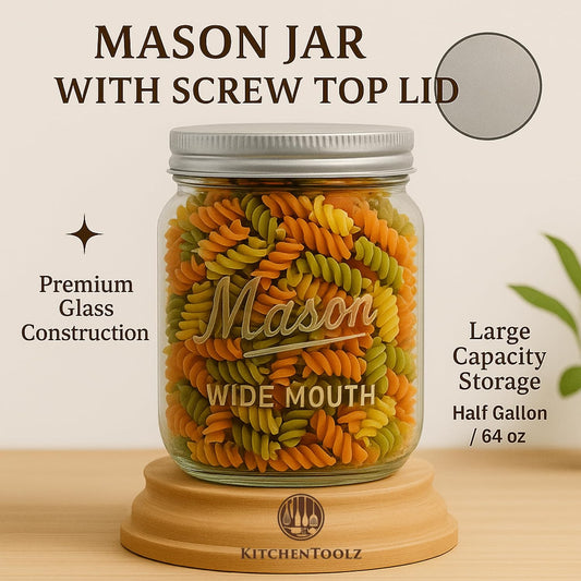 Kitchentoolz Half Gallon Glass Mason Jars with Extra Wide Mouth & Metal Lids - Airtight Food Storage & Canning Jars with Measurement Markings - 64 oz (4pk)