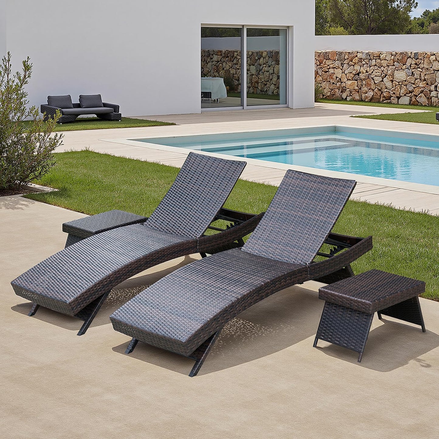 PE Rattan Foldable Backrest Chaise Lounge Set of 2, Outdoor Pool Folding Recliners, Adjustable Patio Chairs Wicker Lounge Chairs for Outside Beach Poolside Sunbathing