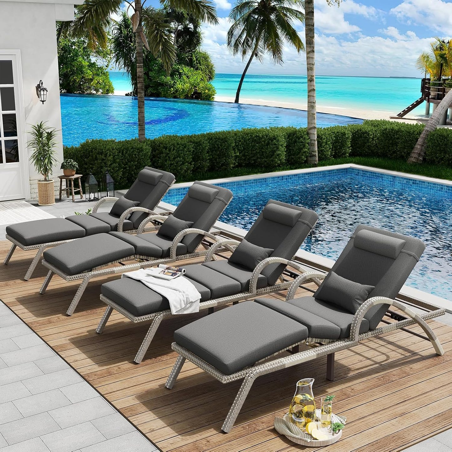 MEISSALIVVE Outdoor Lounge Chairs Set of 2, Patio Chaise Loungers with Adjustable 5 Position & Leg Support, PE Rattan Chaise Lounge, Wicker Pool Recliners Chair for Backyard, Porch, Deck, (Grey
