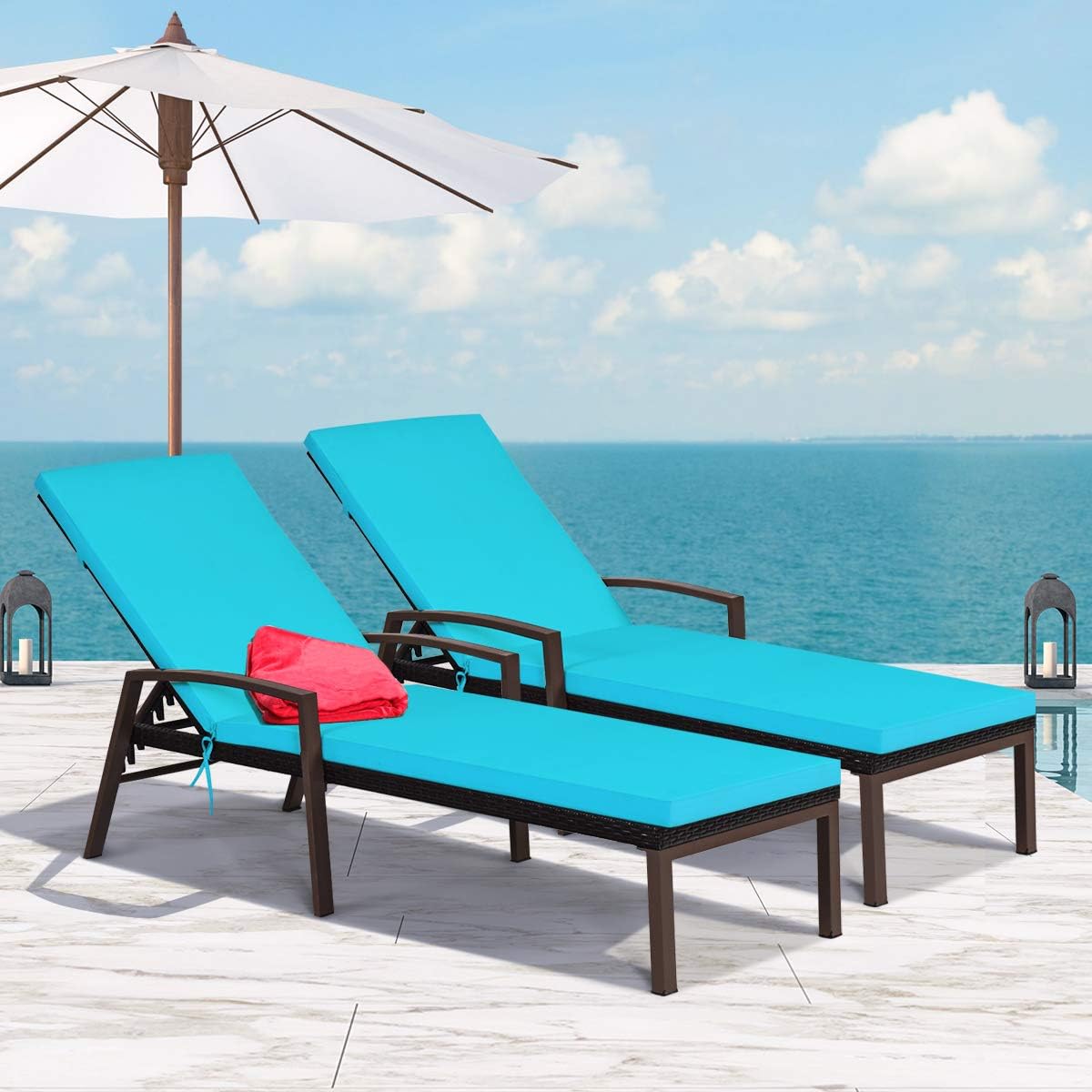 Tangkula 2 PCS Patio Rattan Chaise Lounge Chair, Outdoor Reclining Chaise with Cushion and Armrest, Wicker Sun Lounger with Adjustable Backrest for Garden, Balcony, Poolside