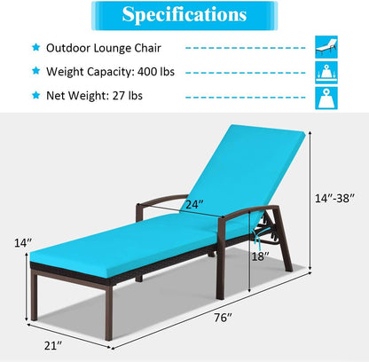 Tangkula 2 PCS Patio Rattan Chaise Lounge Chair, Outdoor Reclining Chaise with Cushion and Armrest, Wicker Sun Lounger with Adjustable Backrest for Garden, Balcony, Poolside