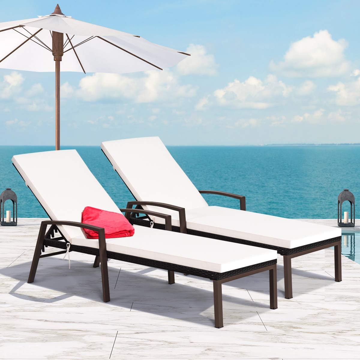Tangkula 2 PCS Patio Rattan Chaise Lounge Chair, Outdoor Reclining Chaise with Cushion and Armrest, Wicker Sun Lounger with Adjustable Backrest for Garden, Balcony, Poolside