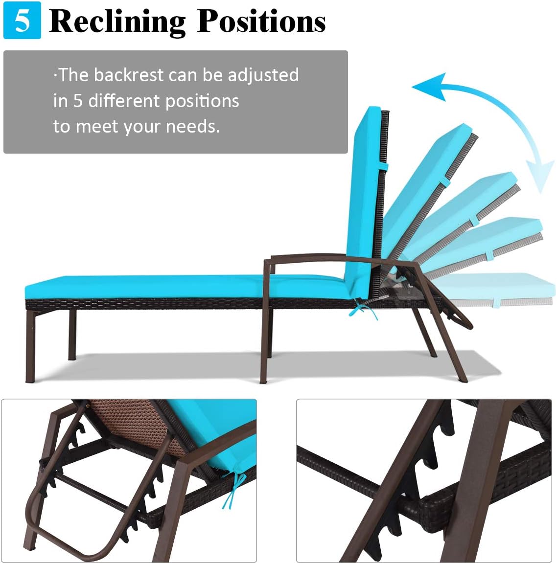 Tangkula 2 PCS Patio Rattan Chaise Lounge Chair, Outdoor Reclining Chaise with Cushion and Armrest, Wicker Sun Lounger with Adjustable Backrest for Garden, Balcony, Poolside