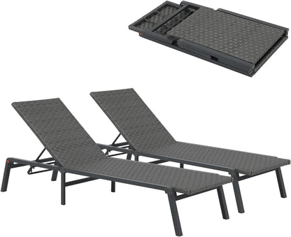 Patiorama Patio Chaise Lounge Set of 2, Aluminum Outdoor Folding Lounge Chair, All-Weather PE Rattan Wicker Adjustable Reclining Lounge Chair for Outside,Portable Sun Lounger for Beach Lawn Pool-Grey