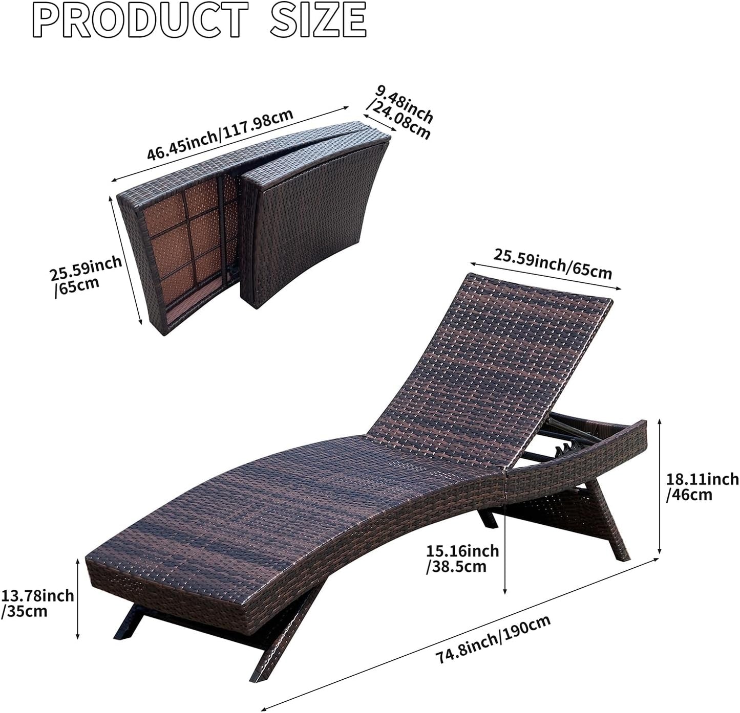 PE Rattan Foldable Backrest Chaise Lounge Set of 2, Outdoor Pool Folding Recliners, Adjustable Patio Chairs Wicker Lounge Chairs for Outside Beach Poolside Sunbathing