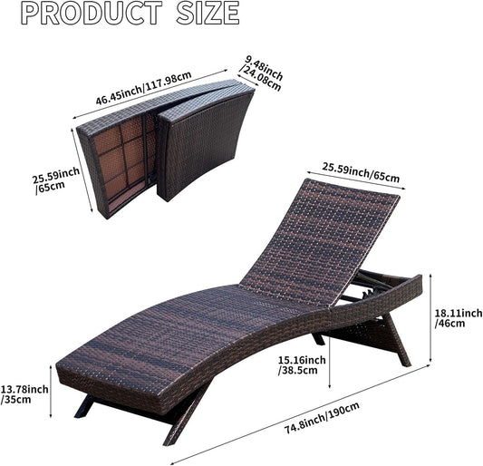 PE Rattan Foldable Backrest Chaise Lounge Set of 2, Outdoor Pool Folding Recliners, Adjustable Patio Chairs Wicker Lounge Chairs for Outside Beach Poolside Sunbathing