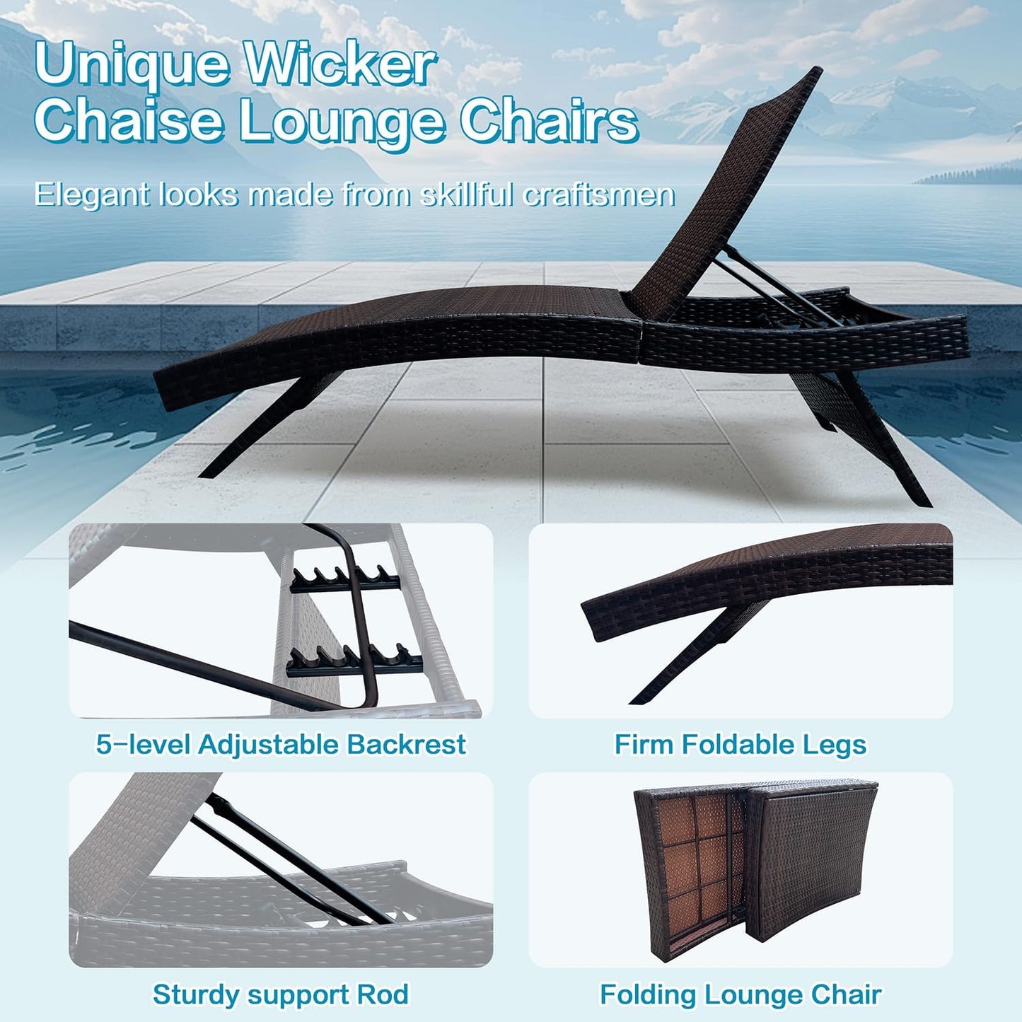 PE Rattan Foldable Backrest Chaise Lounge Set of 2, Outdoor Pool Folding Recliners, Adjustable Patio Chairs Wicker Lounge Chairs for Outside Beach Poolside Sunbathing