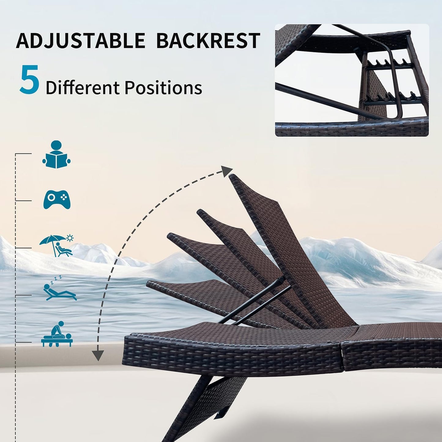 PE Rattan Foldable Backrest Chaise Lounge Set of 2, Outdoor Pool Folding Recliners, Adjustable Patio Chairs Wicker Lounge Chairs for Outside Beach Poolside Sunbathing