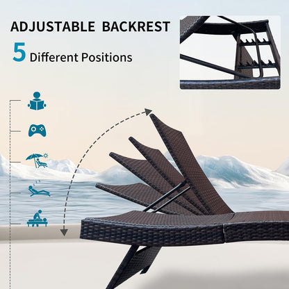 PE Rattan Foldable Backrest Chaise Lounge Set of 2, Outdoor Pool Folding Recliners, Adjustable Patio Chairs Wicker Lounge Chairs for Outside Beach Poolside Sunbathing