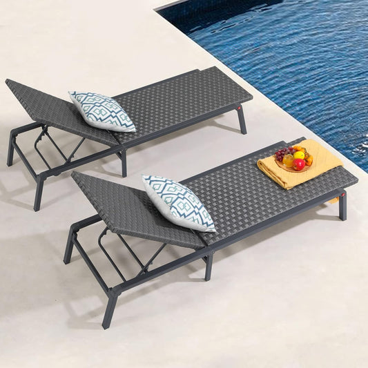 Patiorama Patio Chaise Lounge Set of 2, Aluminum Outdoor Folding Lounge Chair, All-Weather PE Rattan Wicker Adjustable Reclining Lounge Chair for Outside,Portable Sun Lounger for Beach Lawn Pool-Grey