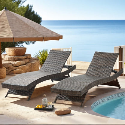 PE Rattan Foldable Backrest Chaise Lounge Set of 2, Outdoor Pool Folding Recliners, Adjustable Patio Chairs Wicker Lounge Chairs for Outside Beach Poolside Sunbathing