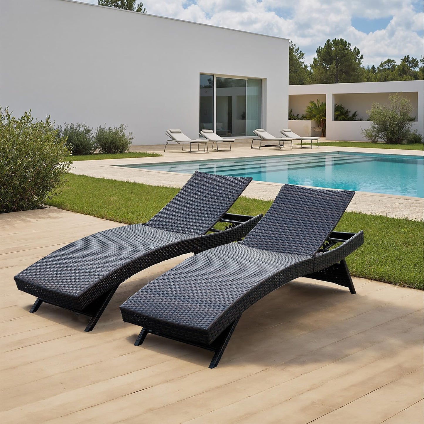 PE Rattan Foldable Backrest Chaise Lounge Set of 2, Outdoor Pool Folding Recliners, Adjustable Patio Chairs Wicker Lounge Chairs for Outside Beach Poolside Sunbathing