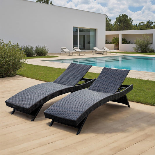 PE Rattan Foldable Backrest Chaise Lounge Set of 2, Outdoor Pool Folding Recliners, Adjustable Patio Chairs Wicker Lounge Chairs for Outside Beach Poolside Sunbathing