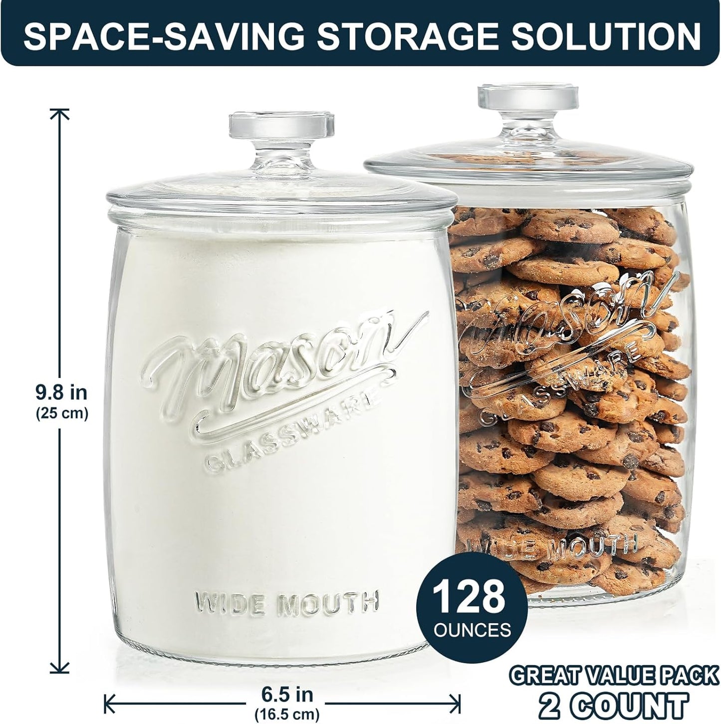2 Pack Cookie Jar, 1 Gallon Glass Jar with Airtight Lids - Large Wide Mouth Mason Jar for Kitchen Pantry& Laundry Room, Glass Apothecary Canisters Sets for Candy, Flour, Rice, Coffee, Display