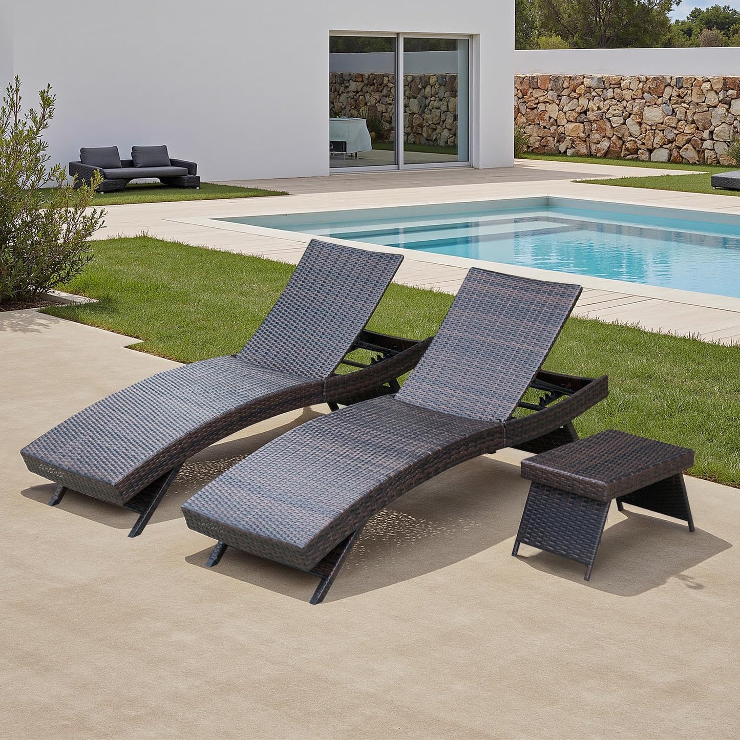 PE Rattan Foldable Backrest Chaise Lounge Set of 2, Outdoor Pool Folding Recliners, Adjustable Patio Chairs Wicker Lounge Chairs for Outside Beach Poolside Sunbathing