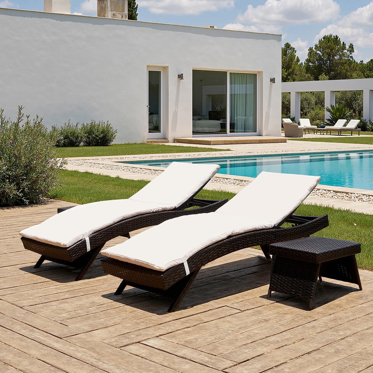 PE Rattan Foldable Backrest Chaise Lounge Set of 2, Outdoor Pool Folding Recliners, Adjustable Patio Chairs Wicker Lounge Chairs for Outside Beach Poolside Sunbathing