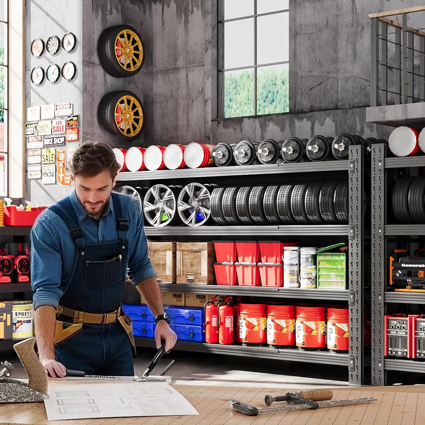 71”W Garage Shelving Units, 5000LBS Storage Shelves Heavy Duty, 24" Deep Metal Shelving Rack, 4 Tier Large Tall Industrial Shelving , Adjustable Standing Shelf for Warehouse / Shop 71"W x 24"D x 70"H