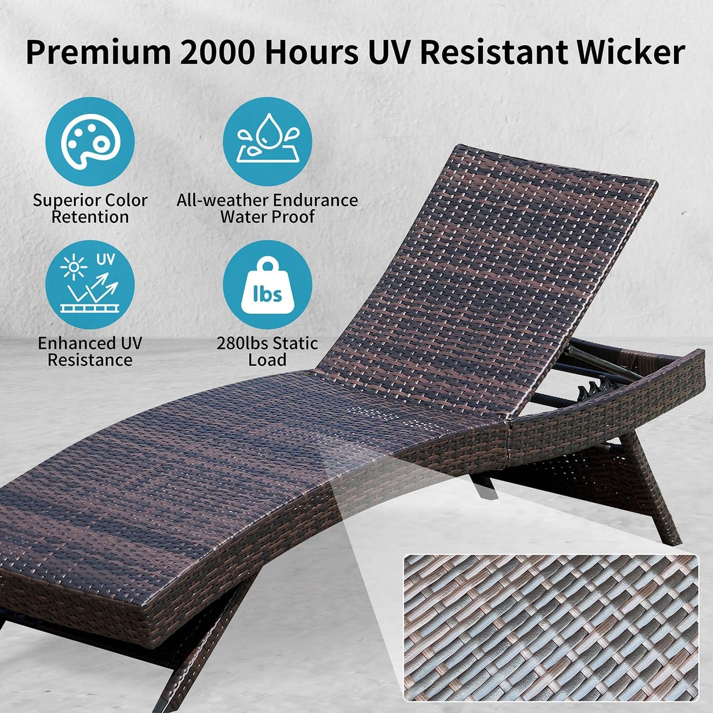 PE Rattan Foldable Backrest Chaise Lounge Set of 2, Outdoor Pool Folding Recliners, Adjustable Patio Chairs Wicker Lounge Chairs for Outside Beach Poolside Sunbathing