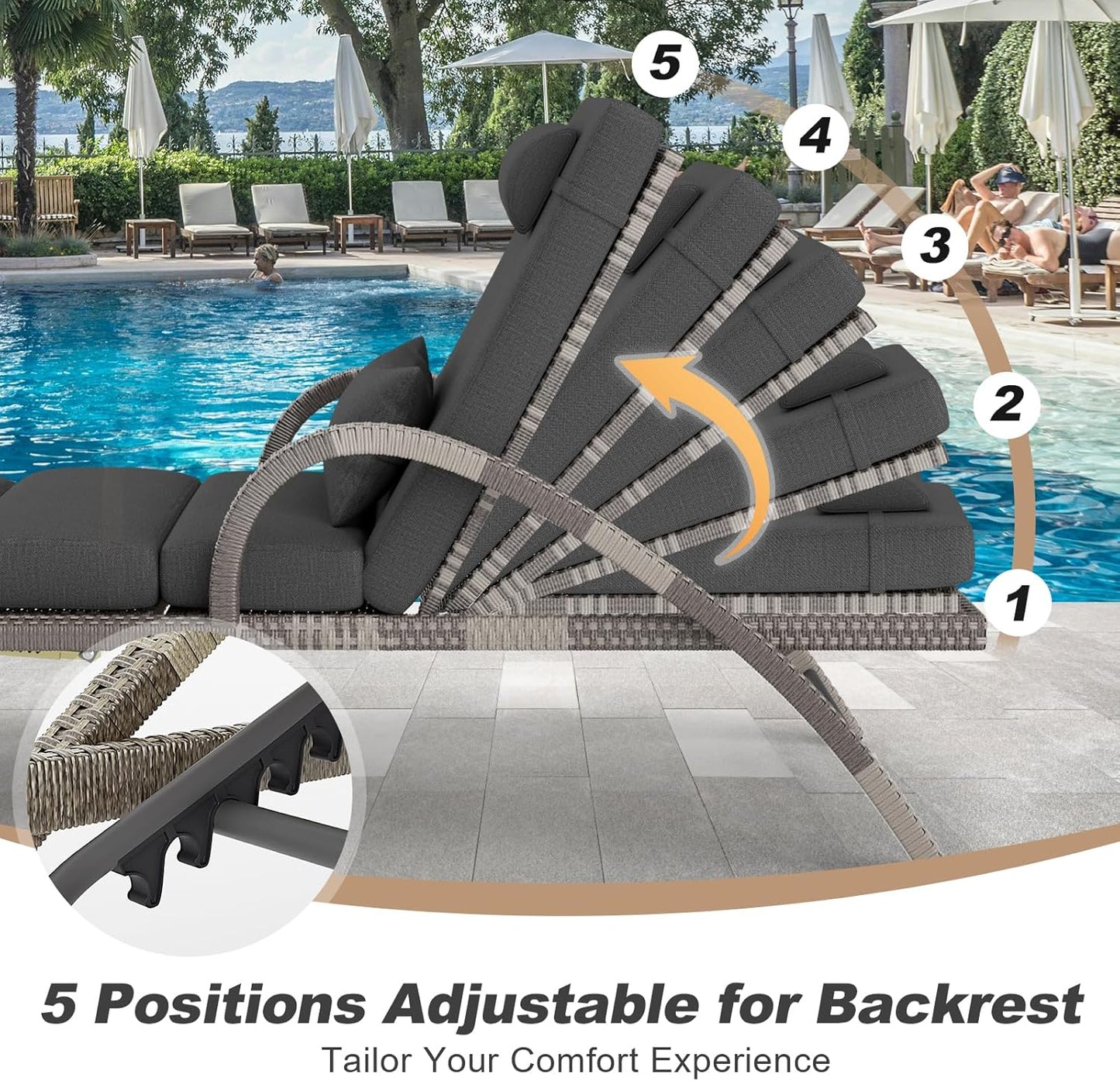 MEISSALIVVE Outdoor Lounge Chairs Set of 2, Patio Chaise Loungers with Adjustable 5 Position & Leg Support, PE Rattan Chaise Lounge, Wicker Pool Recliners Chair for Backyard, Porch, Deck, （Grey