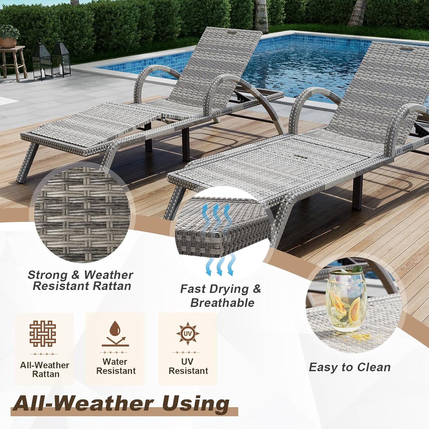 MEISSALIVVE Outdoor Lounge Chairs Set of 2, Patio Chaise Loungers with Adjustable 5 Position & Leg Support, PE Rattan Chaise Lounge, Wicker Pool Recliners Chair for Backyard, Porch, Deck, （Grey
