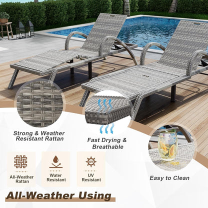 MEISSALIVVE Outdoor Lounge Chairs Set of 2, Patio Chaise Loungers with Adjustable 5 Position & Leg Support, PE Rattan Chaise Lounge, Wicker Pool Recliners Chair for Backyard, Porch, Deck, （Grey