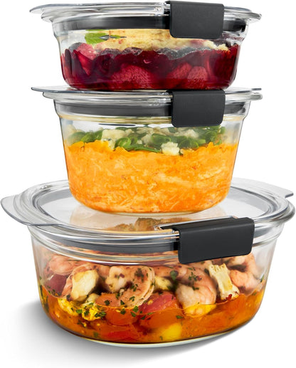 Rubbermaid Brilliance Glass Food Storage Containers, Assorted Sizes, Set of 9, BPA-Free, Leak-Proof, Clear