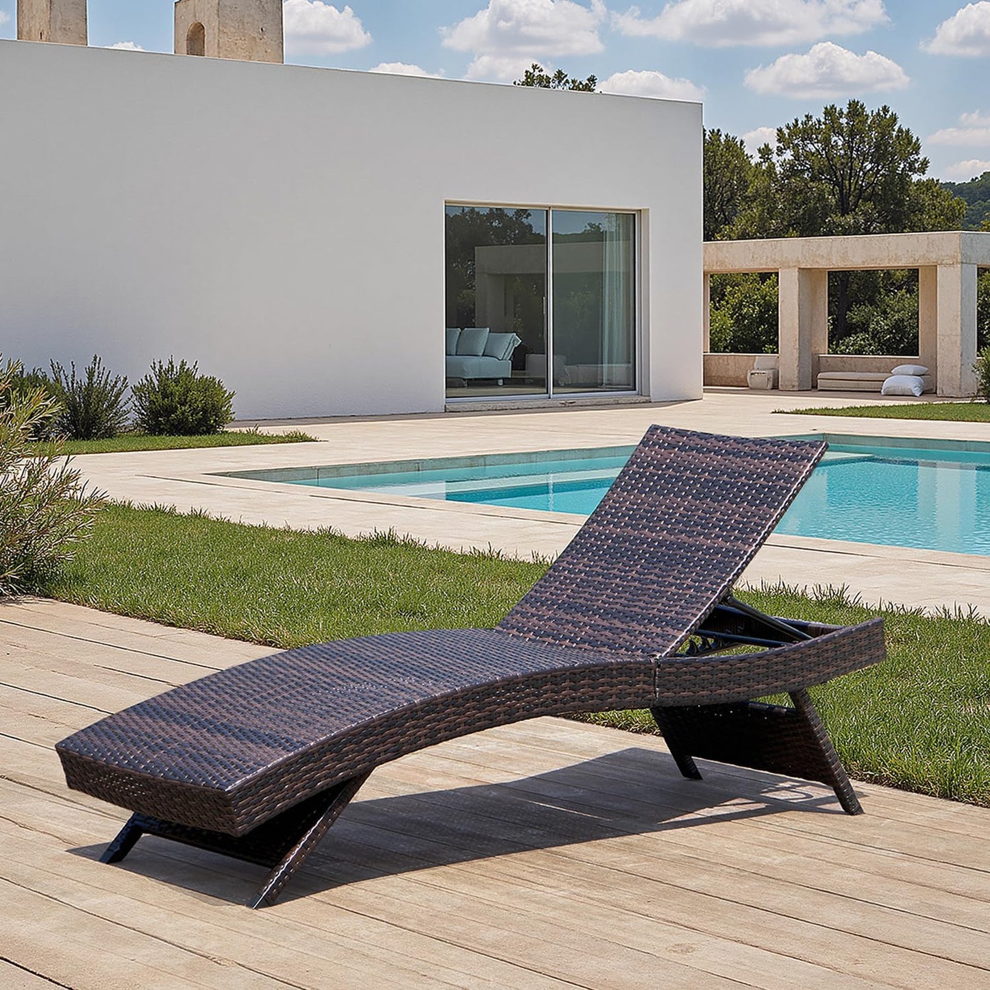 PE Rattan Foldable Backrest Chaise Lounge Set of 2, Outdoor Pool Folding Recliners, Adjustable Patio Chairs Wicker Lounge Chairs for Outside Beach Poolside Sunbathing