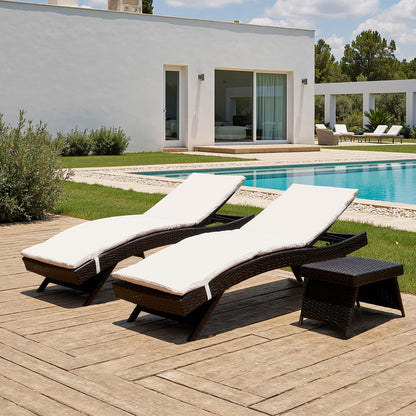 PE Rattan Foldable Backrest Chaise Lounge Set of 2, Outdoor Pool Folding Recliners, Adjustable Patio Chairs Wicker Lounge Chairs for Outside Beach Poolside Sunbathing