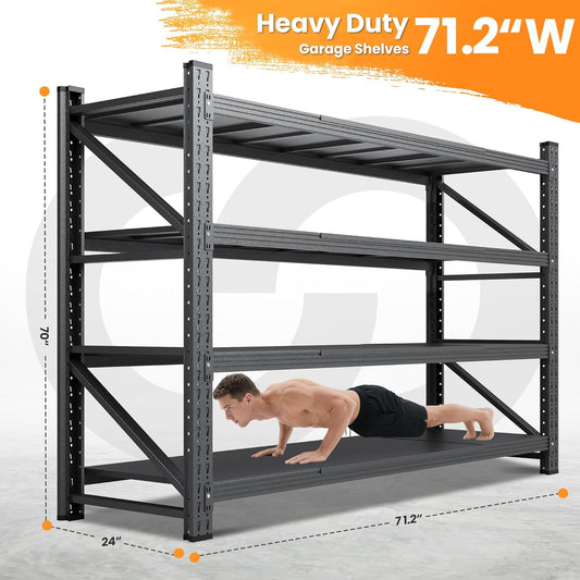 71”W Garage Shelving Units, 5000LBS Storage Shelves Heavy Duty, 24" Deep Metal Shelving Rack, 4 Tier Large Tall Industrial Shelving , Adjustable Standing Shelf for Warehouse / Shop 71"W x 24"D x 70"H