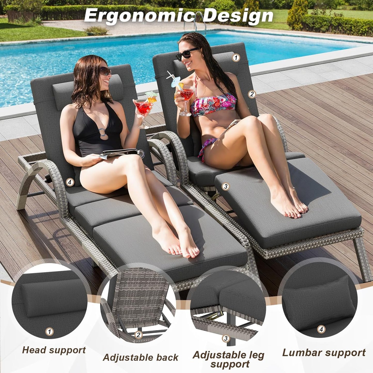 MEISSALIVVE Outdoor Lounge Chairs Set of 2, Patio Chaise Loungers with Adjustable 5 Position & Leg Support, PE Rattan Chaise Lounge, Wicker Pool Recliners Chair for Backyard, Porch, Deck, （Grey