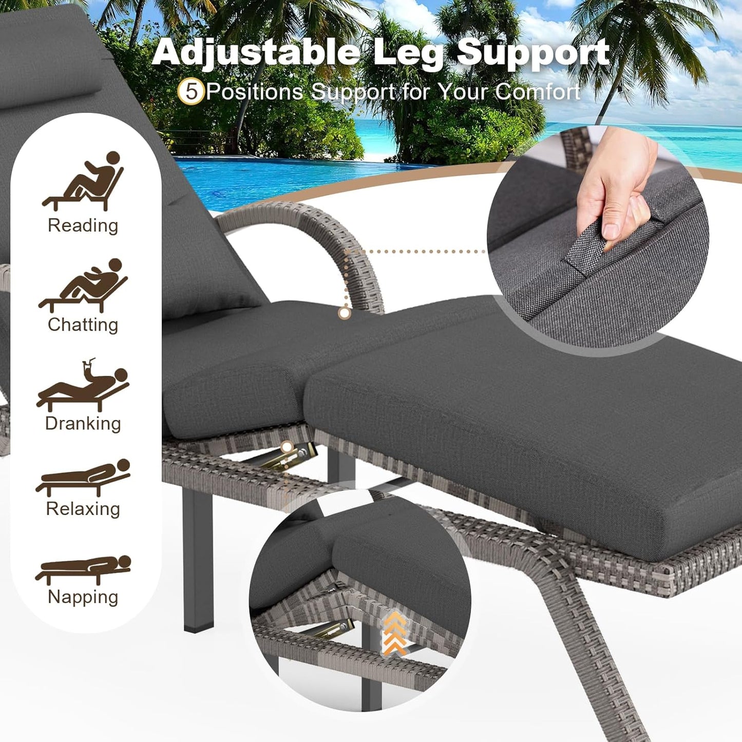 MEISSALIVVE Outdoor Lounge Chairs Set of 2, Patio Chaise Loungers with Adjustable 5 Position & Leg Support, PE Rattan Chaise Lounge, Wicker Pool Recliners Chair for Backyard, Porch, Deck, （Grey