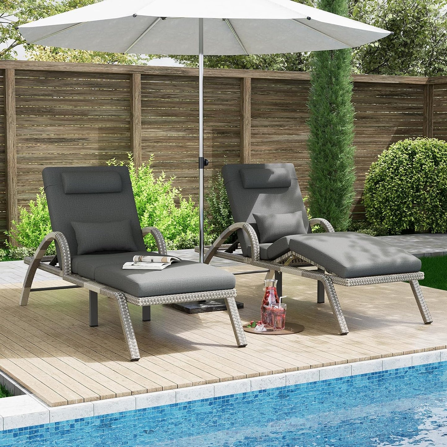 MEISSALIVVE Outdoor Lounge Chairs Set of 2, Patio Chaise Loungers with Adjustable 5 Position & Leg Support, PE Rattan Chaise Lounge, Wicker Pool Recliners Chair for Backyard, Porch, Deck, （Grey