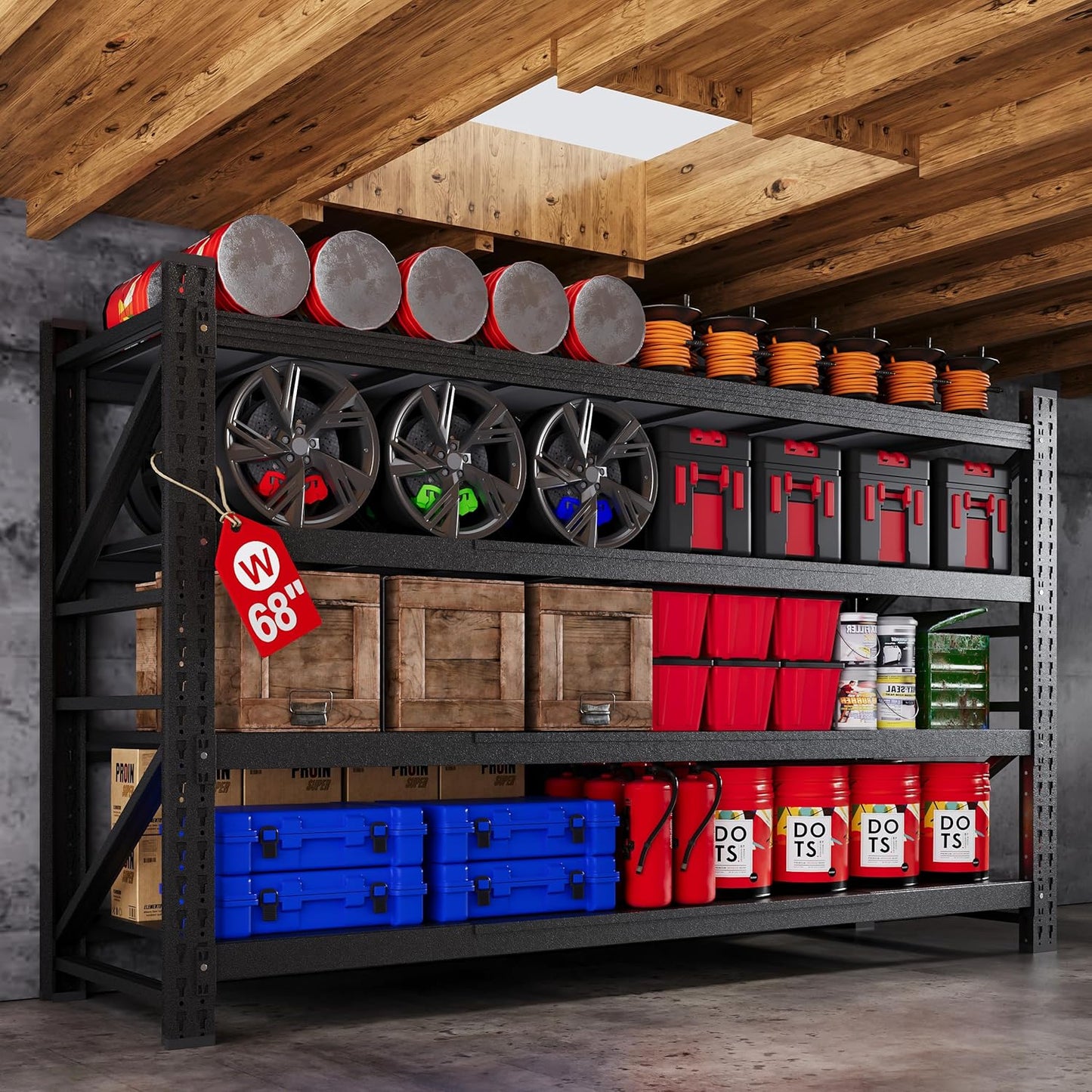 71”W Garage Shelving Units, 5000LBS Storage Shelves Heavy Duty, 24" Deep Metal Shelving Rack, 4 Tier Large Tall Industrial Shelving , Adjustable Standing Shelf for Warehouse / Shop 71"W x 24"D x 70"H