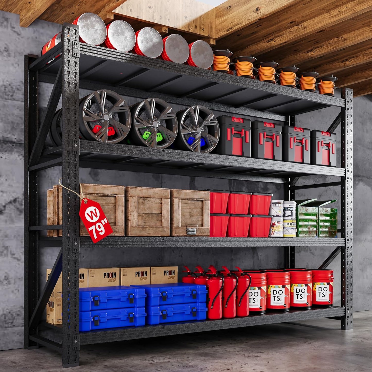 71”W Garage Shelving Units, 5000LBS Storage Shelves Heavy Duty, 24" Deep Metal Shelving Rack, 4 Tier Large Tall Industrial Shelving , Adjustable Standing Shelf for Warehouse / Shop 71"W x 24"D x 70"H