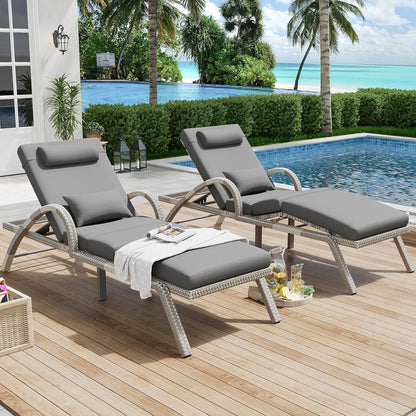 MEISSALIVVE Outdoor Lounge Chairs Set of 2, Patio Chaise Loungers with Adjustable 5 Position & Leg Support, PE Rattan Chaise Lounge, Wicker Pool Recliners Chair for Backyard, Porch, Deck, （Grey