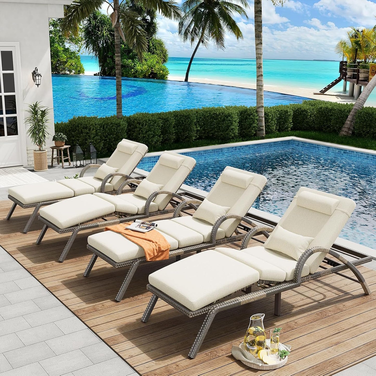 MEISSALIVVE Outdoor Lounge Chairs Set of 2, Patio Chaise Loungers with Adjustable 5 Position & Leg Support, PE Rattan Chaise Lounge, Wicker Pool Recliners Chair for Backyard, Porch, Deck, （Grey