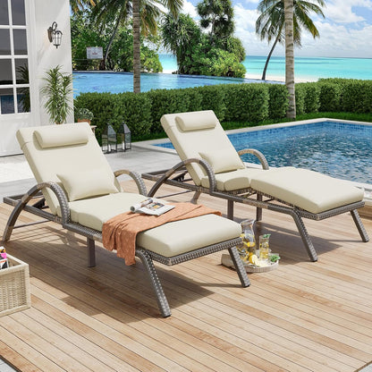 MEISSALIVVE Outdoor Lounge Chairs Set of 2, Patio Chaise Loungers with Adjustable 5 Position & Leg Support, PE Rattan Chaise Lounge, Wicker Pool Recliners Chair for Backyard, Porch, Deck, （Grey